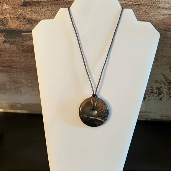 Semi Precious Stone Donut Pendant Necklace with Gold leather Cord - Picture 1 of 5